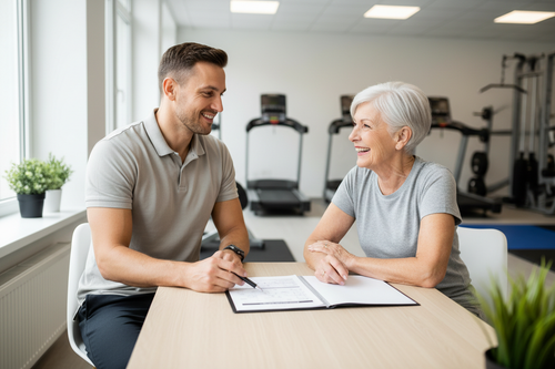 Friendly fitness trainer consulting with a senior client