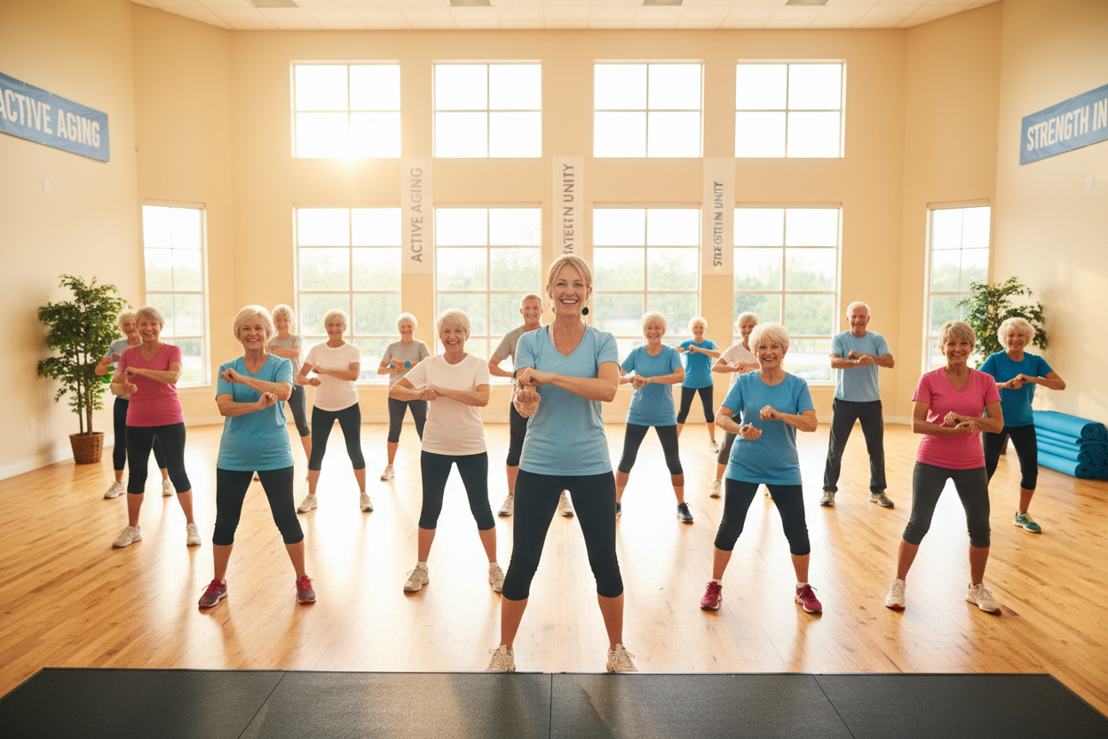 Group of seniors doing a fitness class together