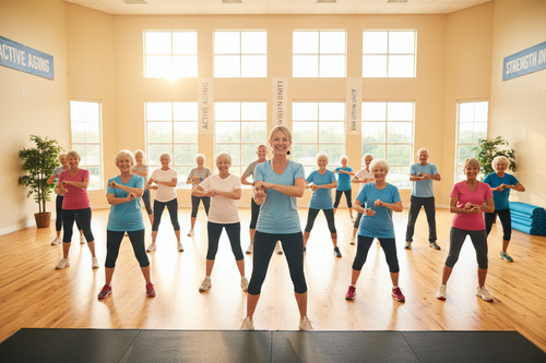 Group of seniors doing a fitness class together